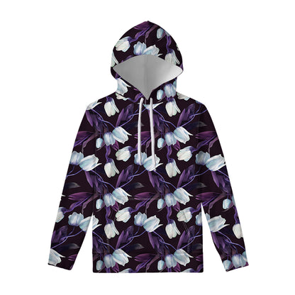 White And Purple Tulip Pattern Print Pullover Hoodie