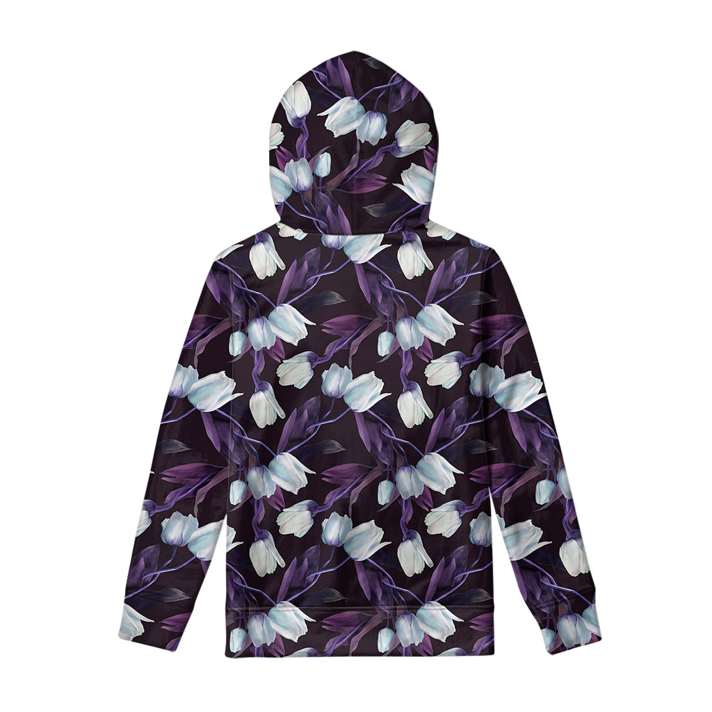 White And Purple Tulip Pattern Print Pullover Hoodie