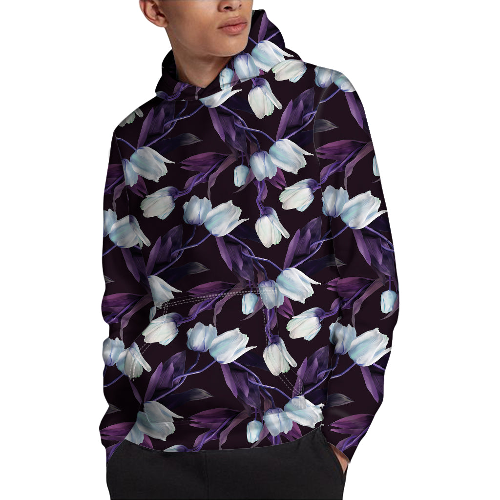 White And Purple Tulip Pattern Print Pullover Hoodie