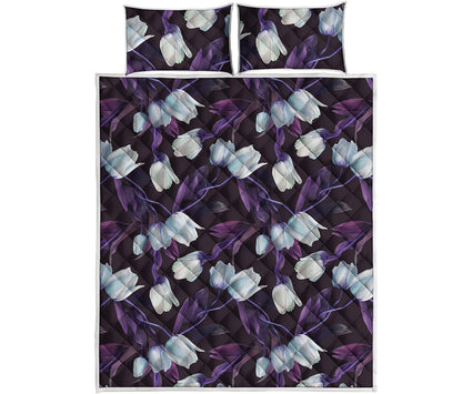 White And Purple Tulip Pattern Print Quilt Bed Set