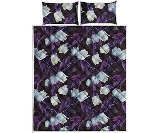 White And Purple Tulip Pattern Print Quilt Bed Set