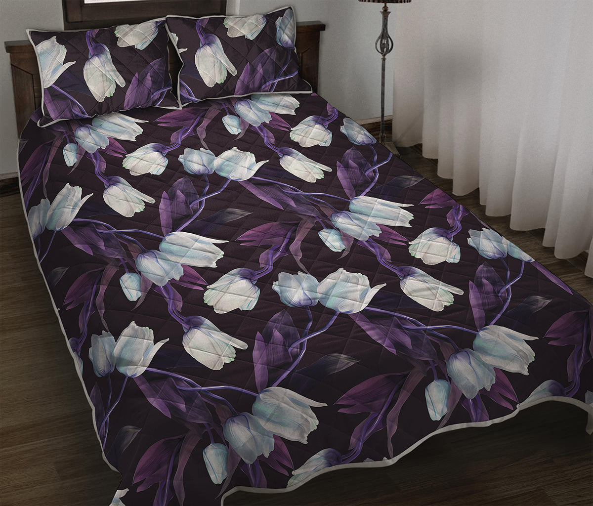 White And Purple Tulip Pattern Print Quilt Bed Set