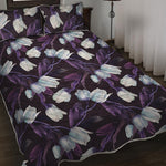 White And Purple Tulip Pattern Print Quilt Bed Set