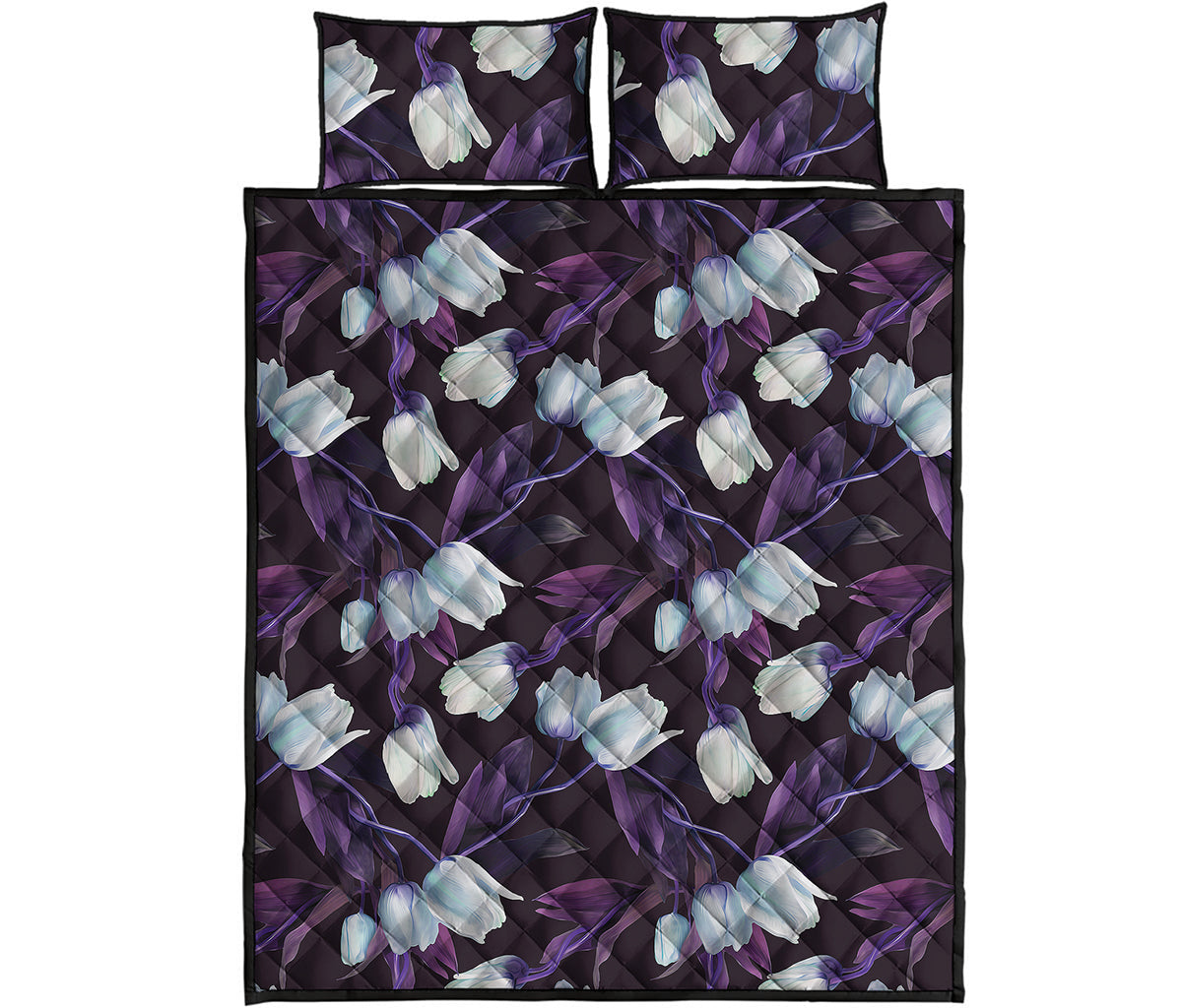 White And Purple Tulip Pattern Print Quilt Bed Set