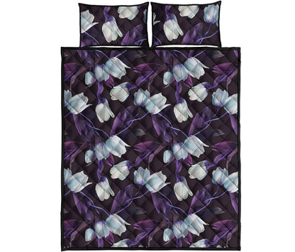 White And Purple Tulip Pattern Print Quilt Bed Set