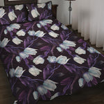 White And Purple Tulip Pattern Print Quilt Bed Set