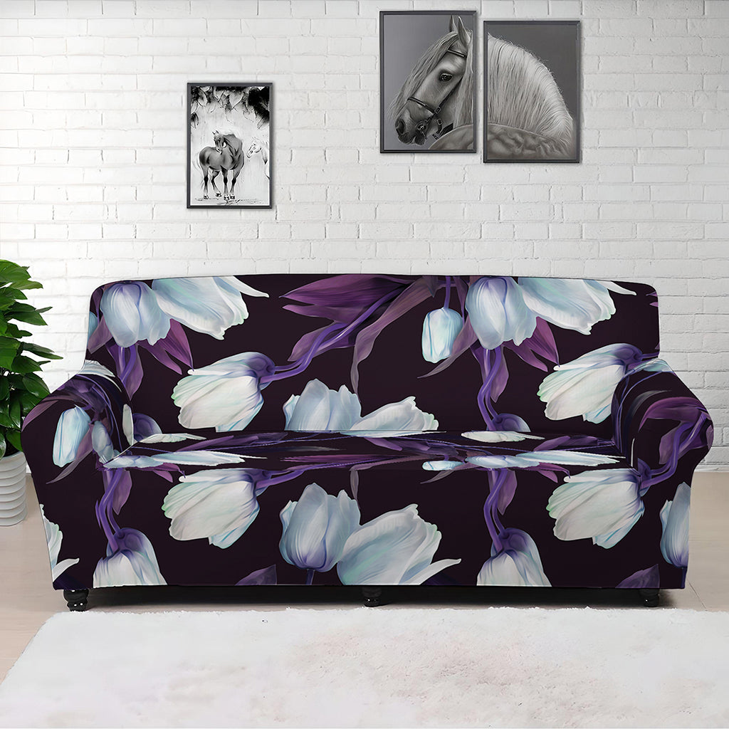White And Purple Tulip Pattern Print Sofa Cover