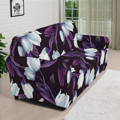 White And Purple Tulip Pattern Print Sofa Cover