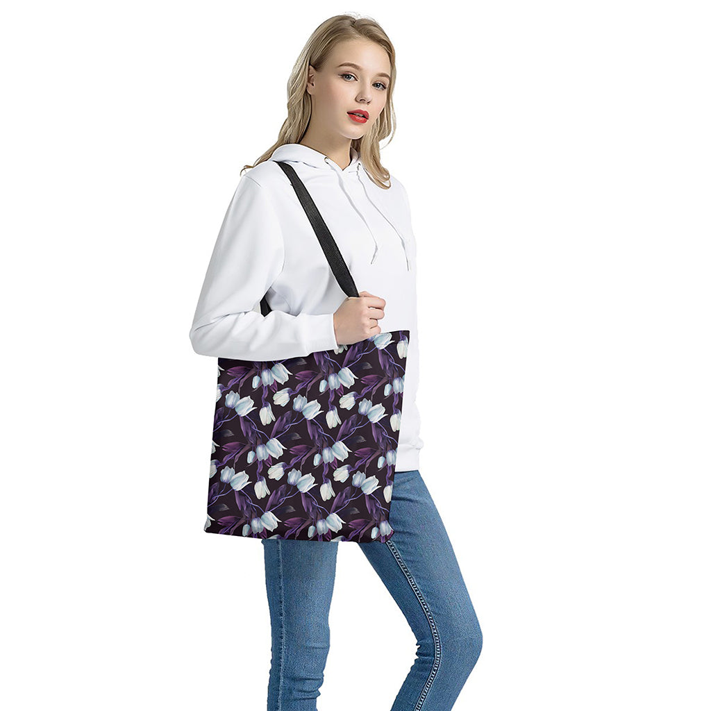 White And Purple Tulip Pattern Print Tote Bag