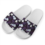 White And Purple Tulip Pattern Print White Slide Sandals