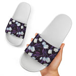 White And Purple Tulip Pattern Print White Slide Sandals