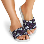 White And Purple Tulip Pattern Print White Slide Sandals