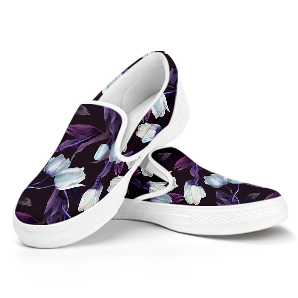 White And Purple Tulip Pattern Print White Slip On Shoes