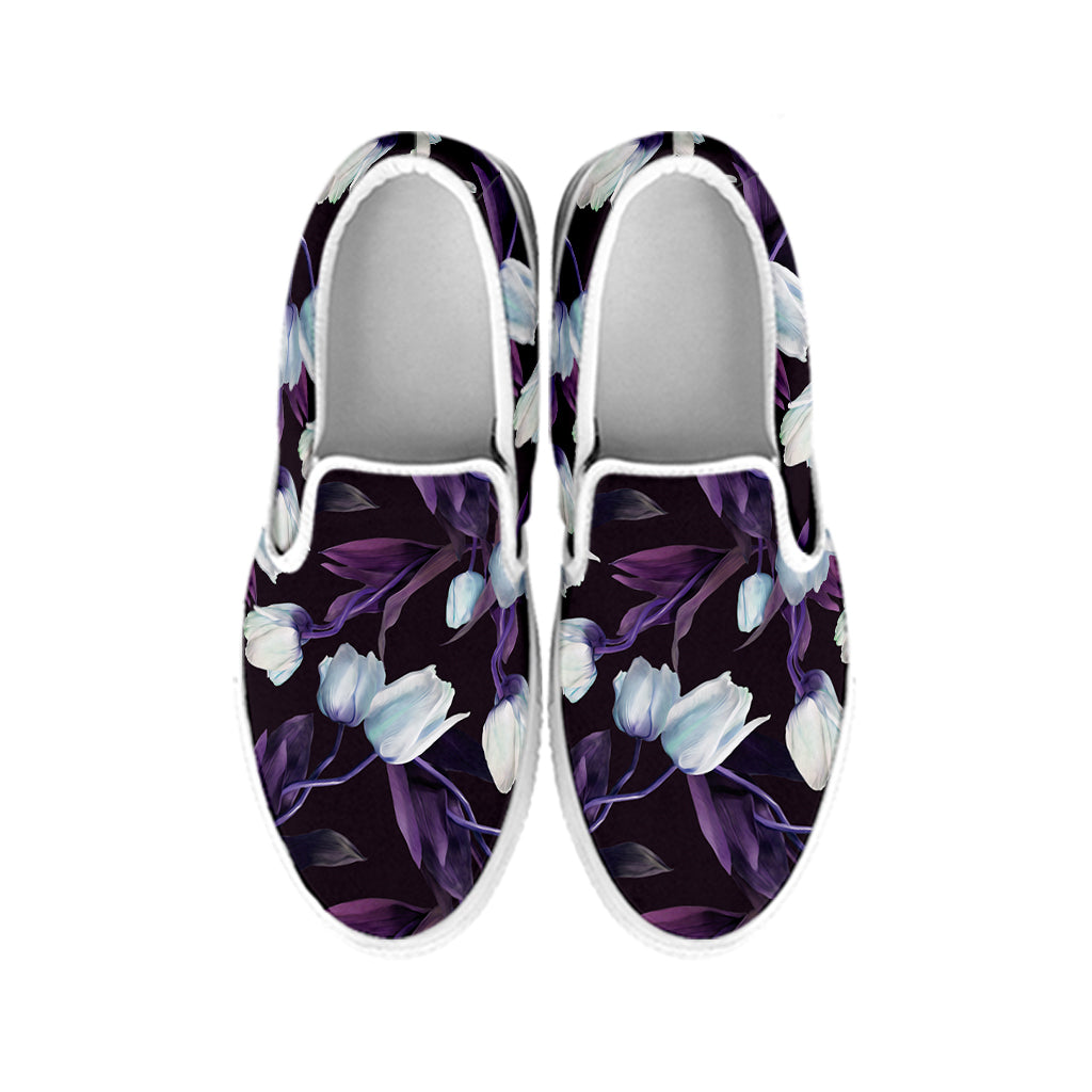 White And Purple Tulip Pattern Print White Slip On Shoes