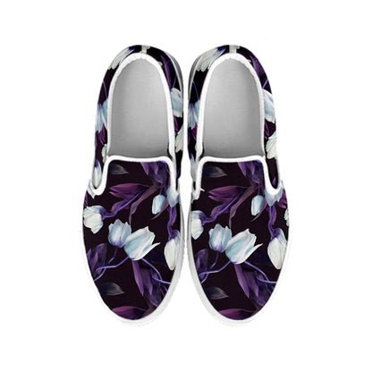 White And Purple Tulip Pattern Print White Slip On Shoes