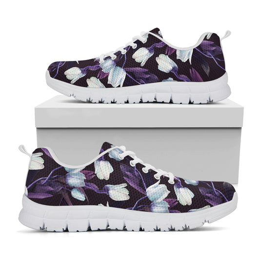 White And Purple Tulip Pattern Print White Sneakers