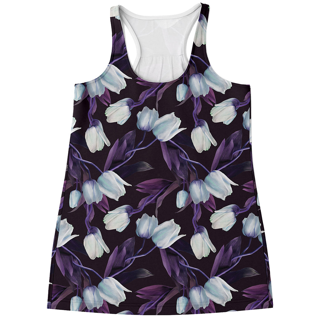 White And Purple Tulip Pattern Print Women's Racerback Tank Top