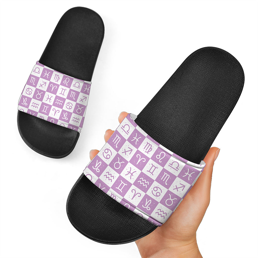 White And Purple Zodiac Signs Print Black Slide Sandals