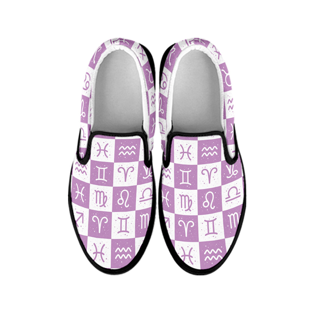 White And Purple Zodiac Signs Print Black Slip On Shoes