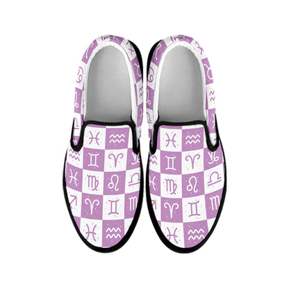 White And Purple Zodiac Signs Print Black Slip On Shoes