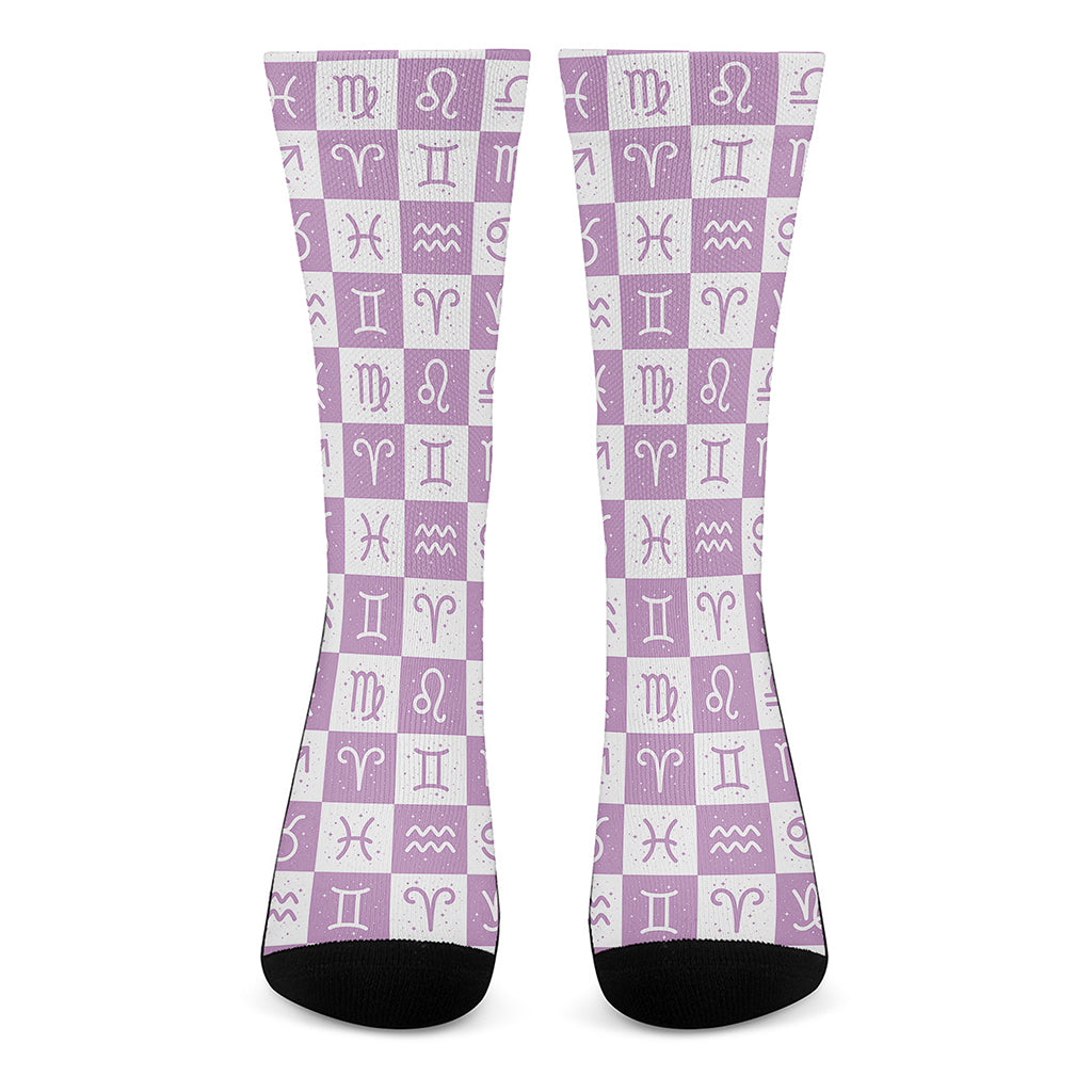 White And Purple Zodiac Signs Print Crew Socks