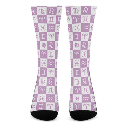 White And Purple Zodiac Signs Print Crew Socks