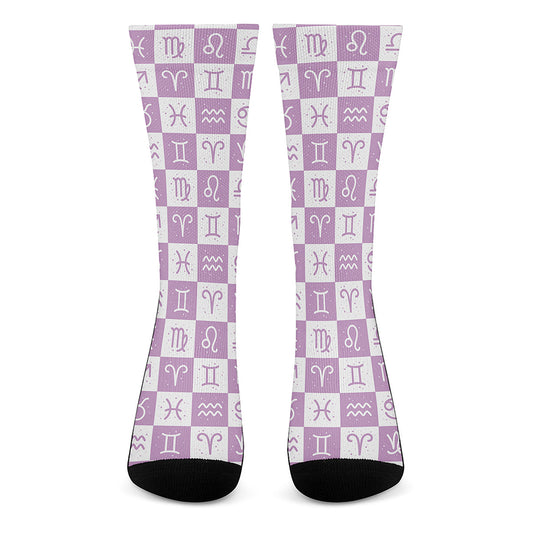 White And Purple Zodiac Signs Print Crew Socks