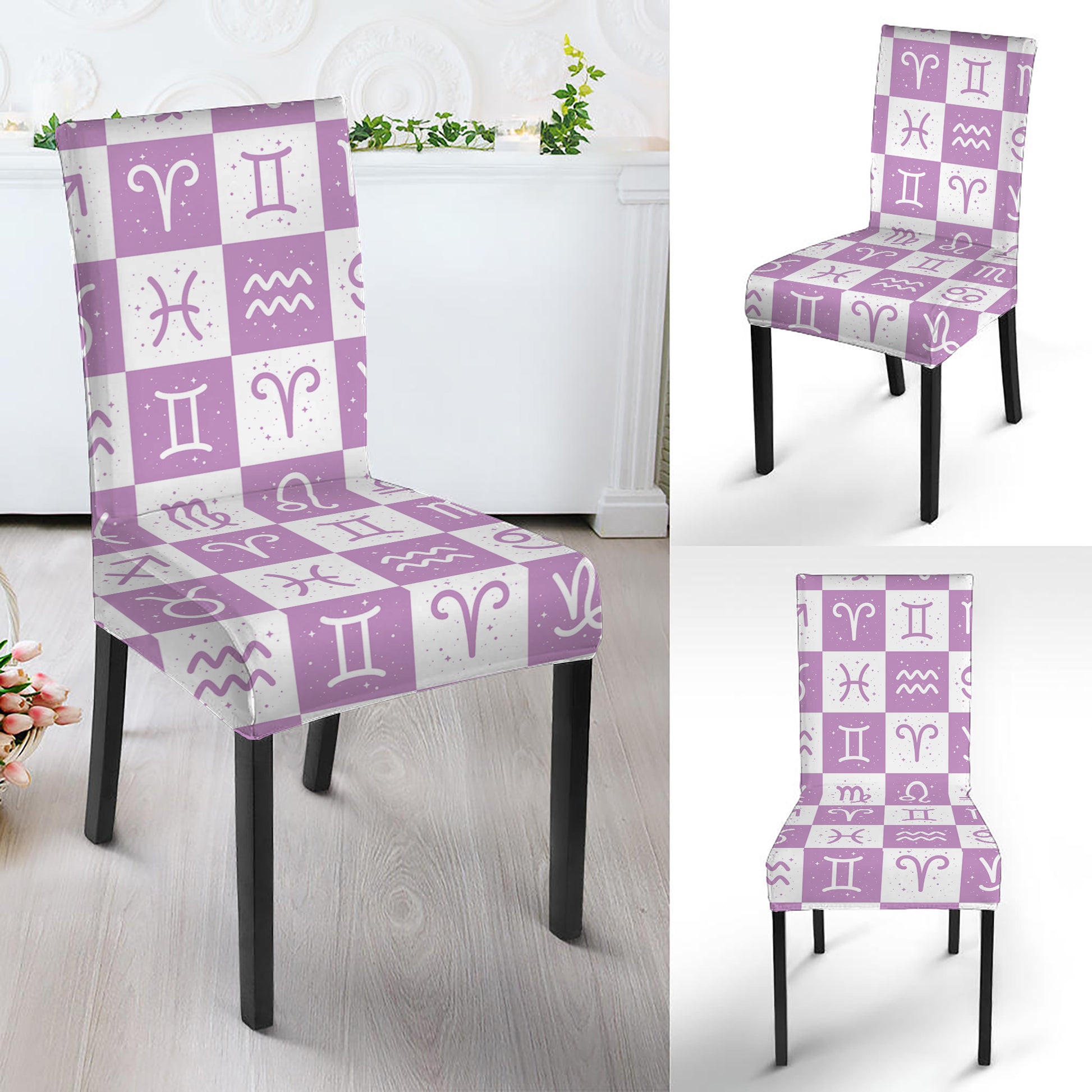 White And Purple Zodiac Signs Print Dining Chair Slipcover