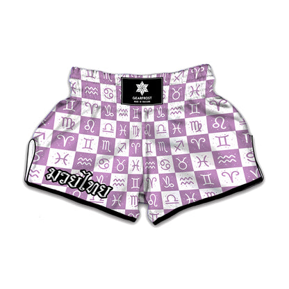 White And Purple Zodiac Signs Print Muay Thai Boxing Shorts