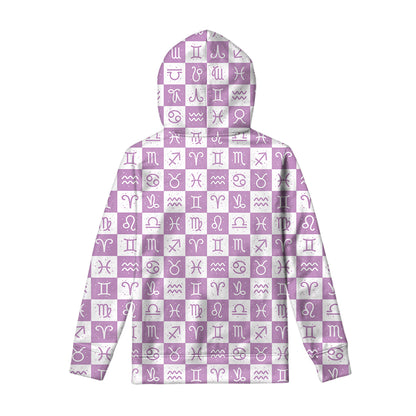 White And Purple Zodiac Signs Print Pullover Hoodie