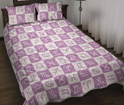 White And Purple Zodiac Signs Print Quilt Bed Set
