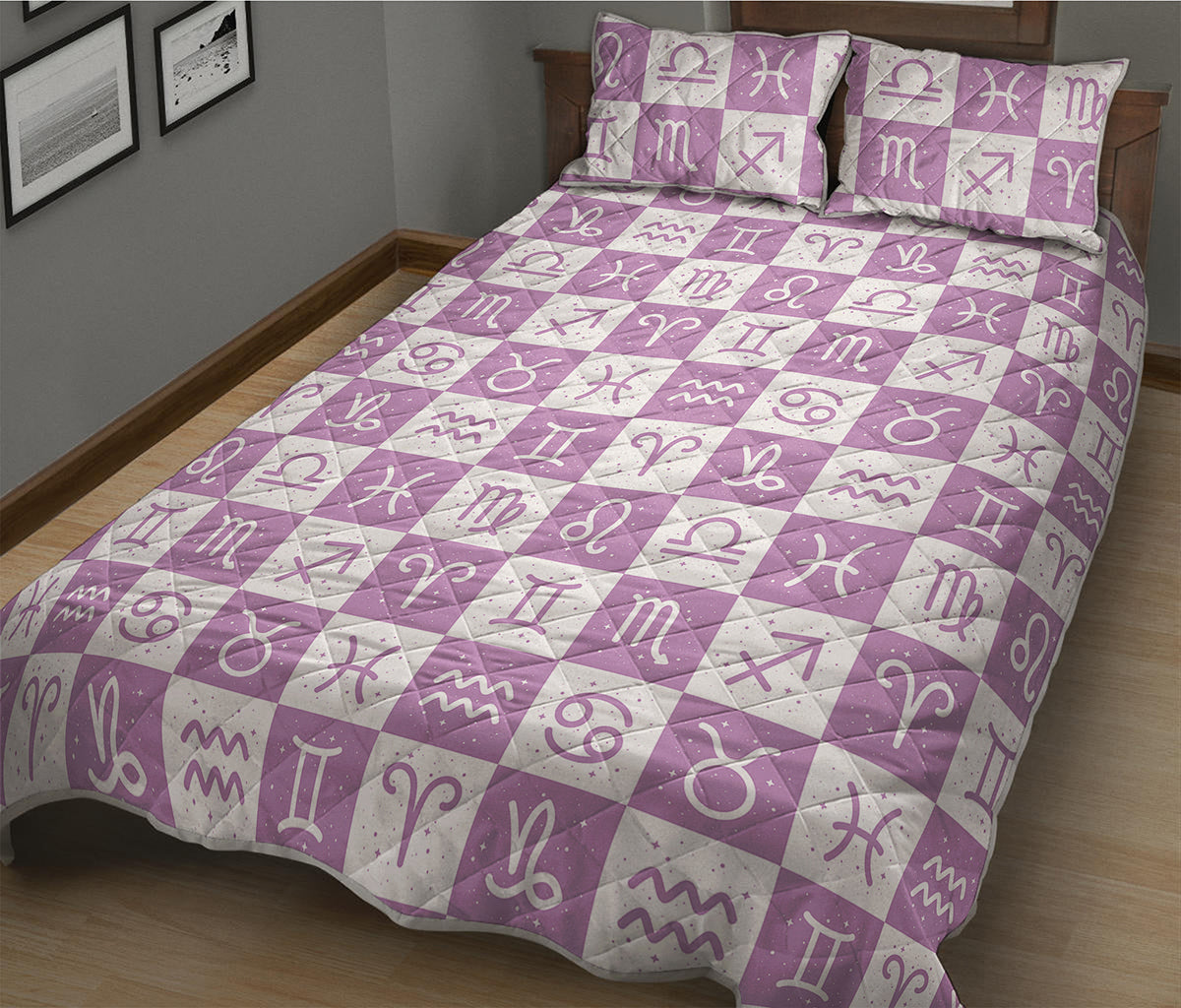 White And Purple Zodiac Signs Print Quilt Bed Set