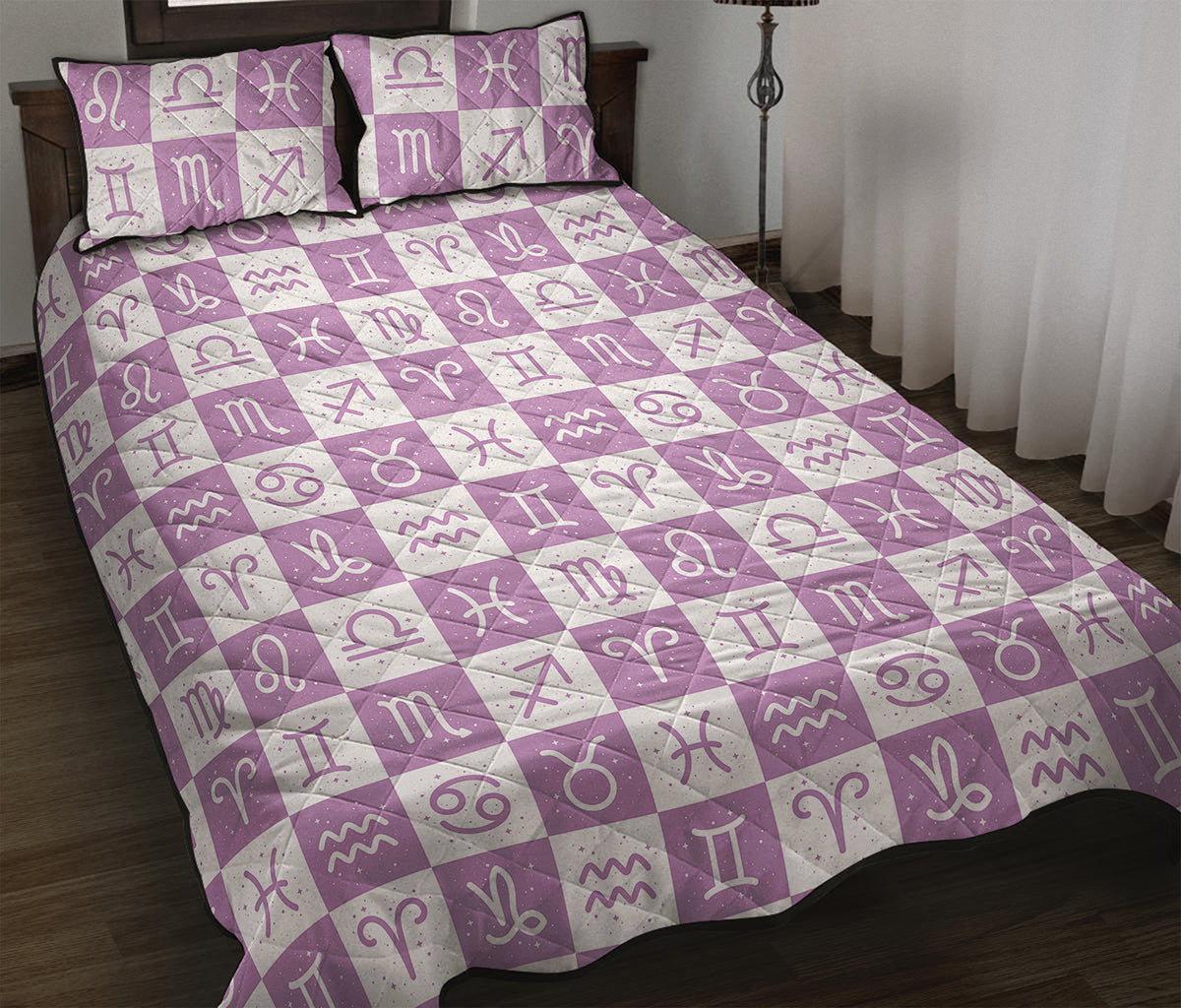 White And Purple Zodiac Signs Print Quilt Bed Set