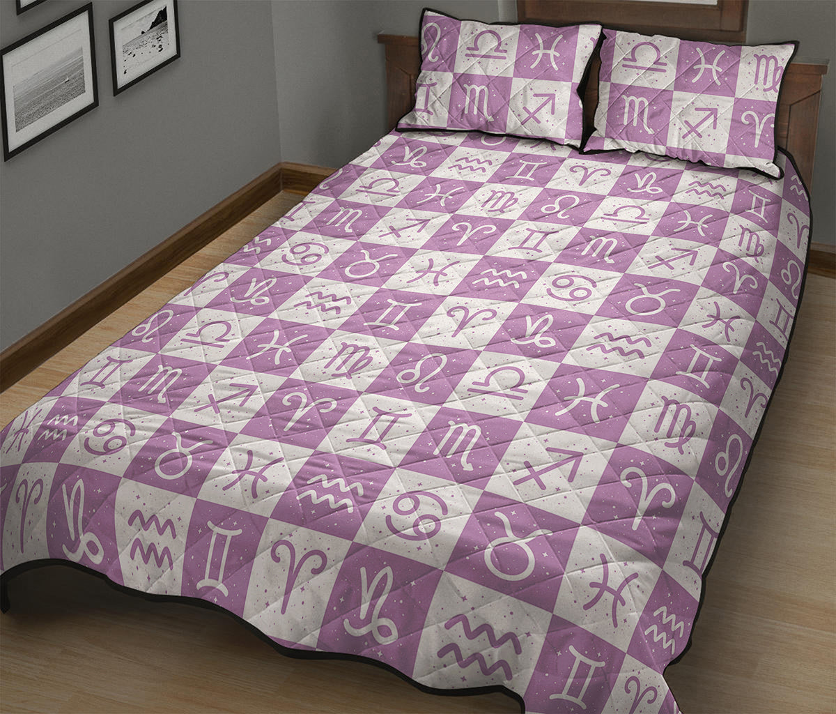 White And Purple Zodiac Signs Print Quilt Bed Set