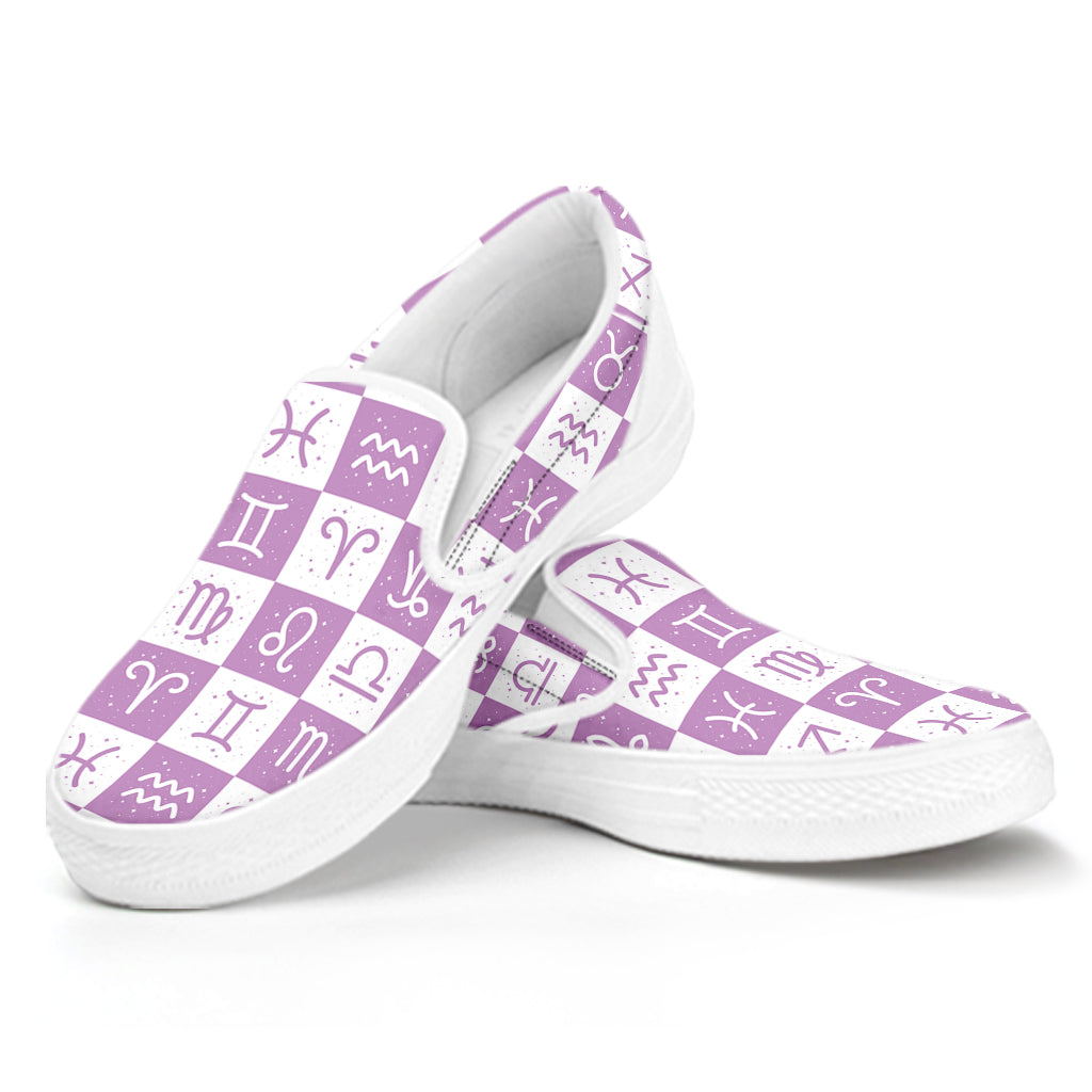 White And Purple Zodiac Signs Print White Slip On Shoes