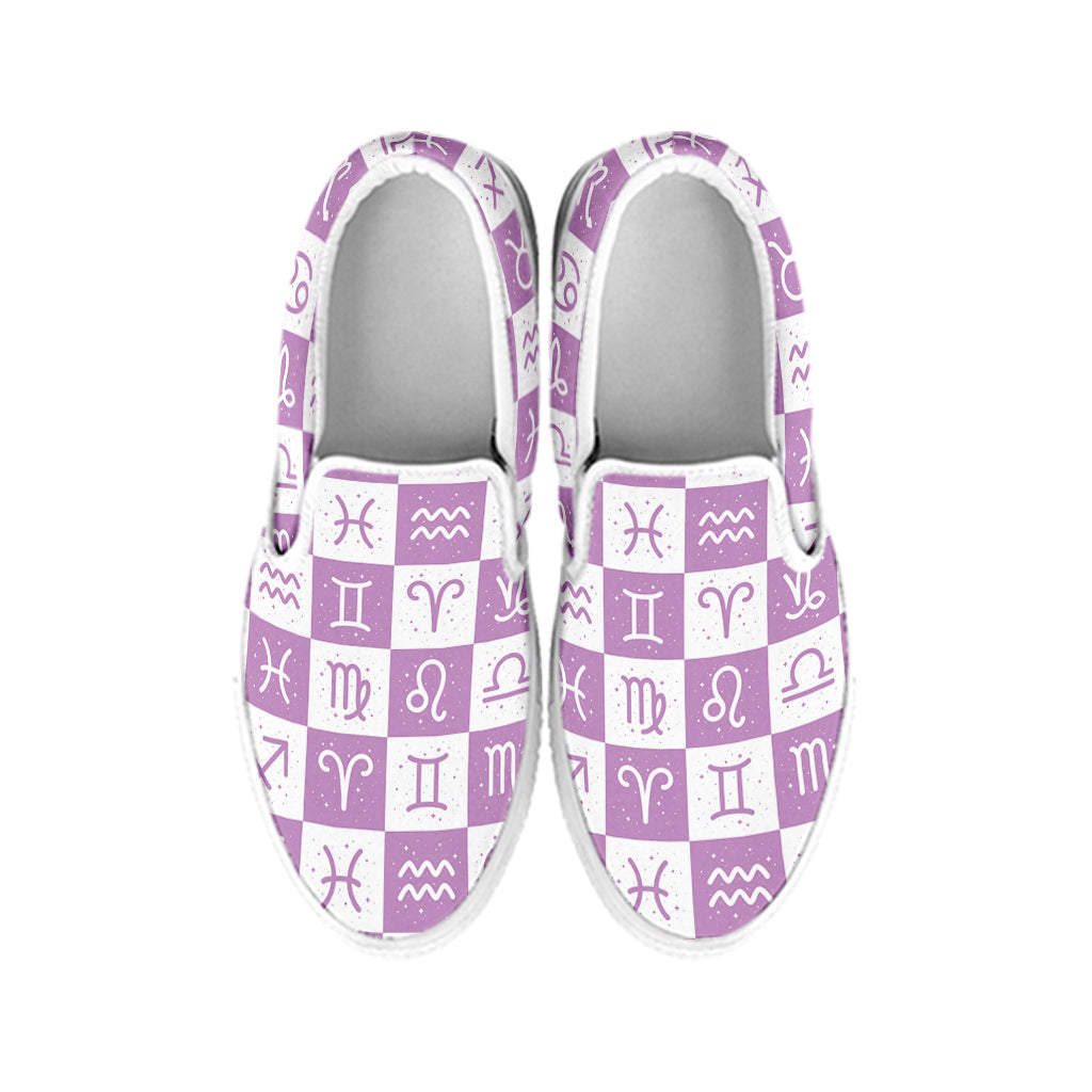 White And Purple Zodiac Signs Print White Slip On Shoes