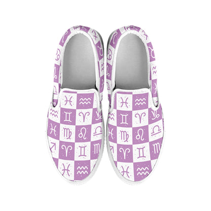 White And Purple Zodiac Signs Print White Slip On Shoes