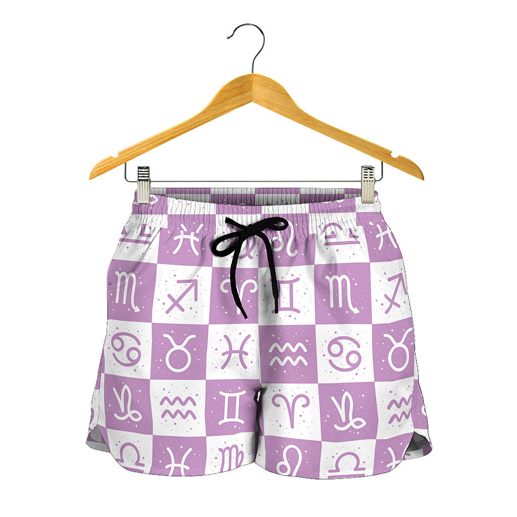 White And Purple Zodiac Signs Print Women's Shorts
