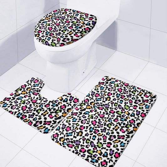 White And Rainbow Leopard Print 3 Piece Bath Mat Set
