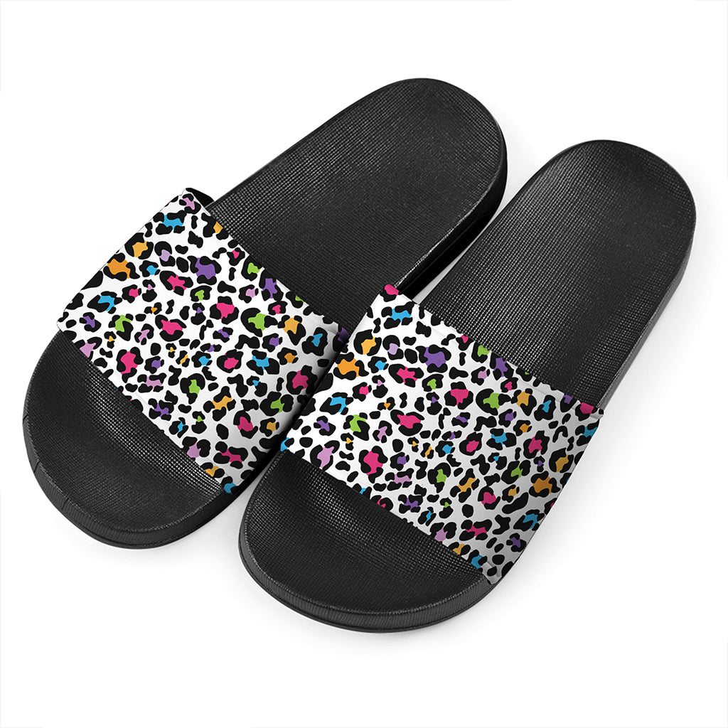 White And Rainbow Leopard Print Black Slide Sandals