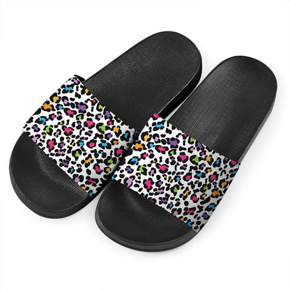 White And Rainbow Leopard Print Black Slide Sandals