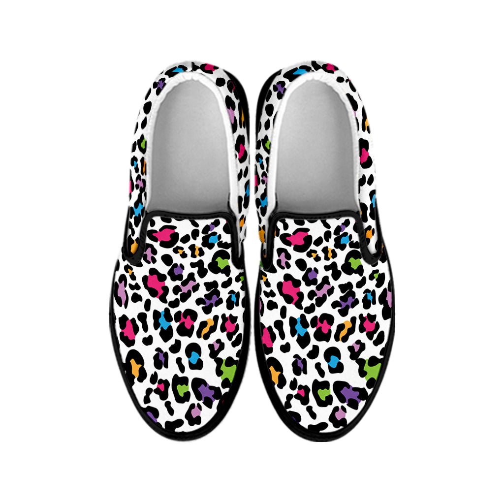 White And Rainbow Leopard Print Black Slip On Shoes