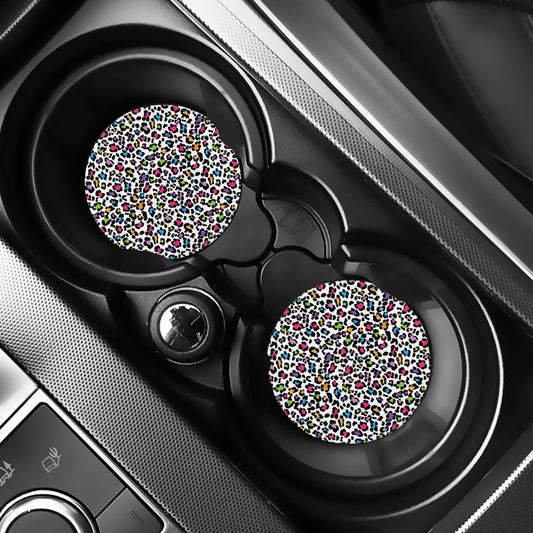 White And Rainbow Leopard Print Car Coasters