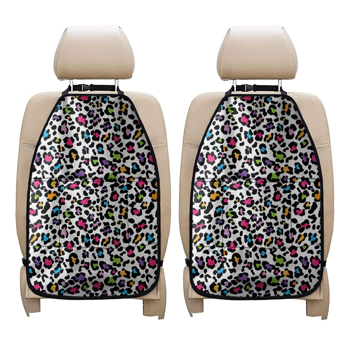 White And Rainbow Leopard Print Car Seat Organizers