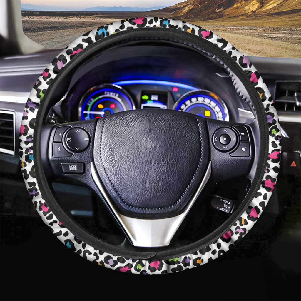 White And Rainbow Leopard Print Car Steering Wheel Cover