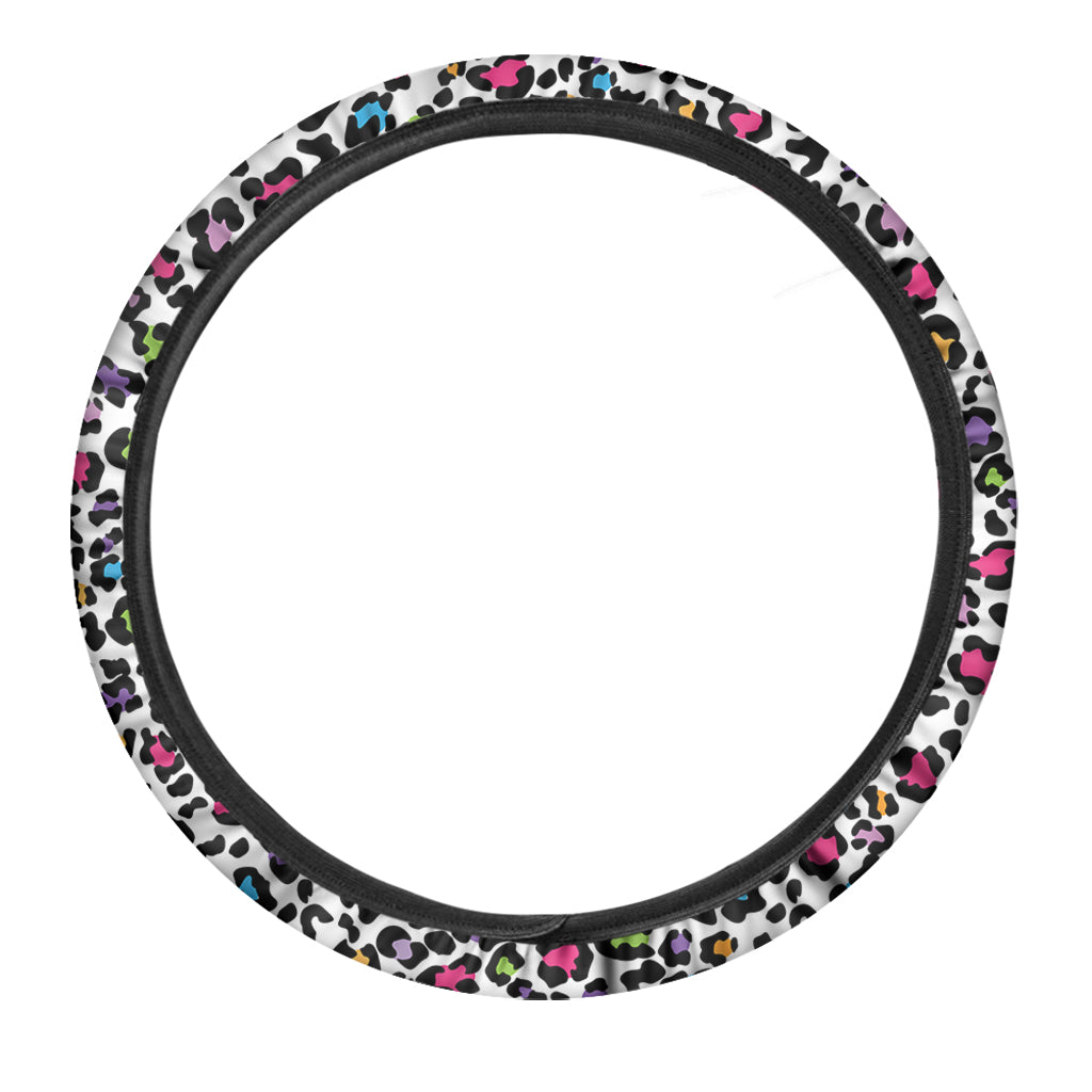 White And Rainbow Leopard Print Car Steering Wheel Cover
