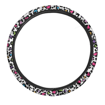 White And Rainbow Leopard Print Car Steering Wheel Cover