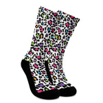 White And Rainbow Leopard Print Crew Socks