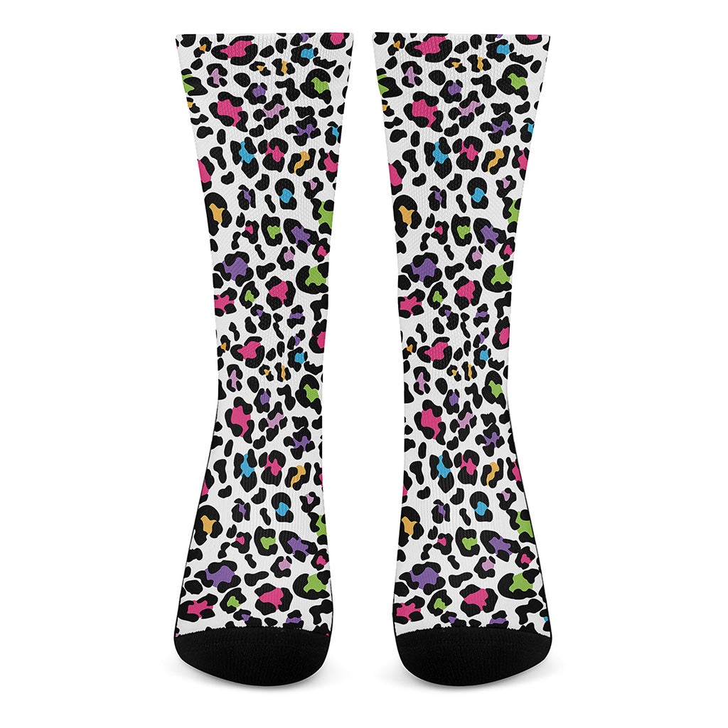 White And Rainbow Leopard Print Crew Socks