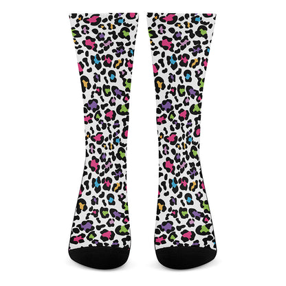 White And Rainbow Leopard Print Crew Socks